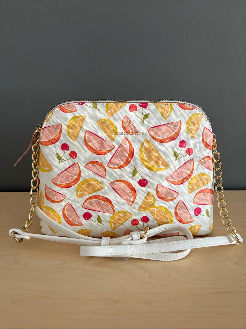 Nanette Lapore White Citrus & Cherry Print Crossbody with Gold Chain